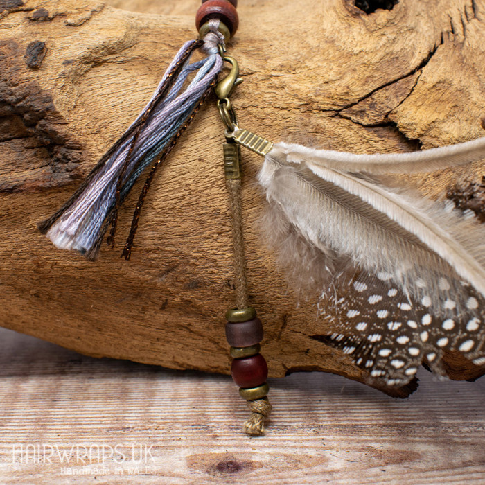 Amethyst and Wooden Bead Feather Dangle Charm.