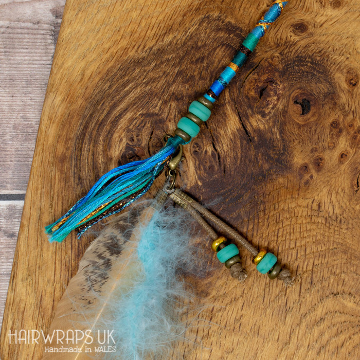 Turquoise Sea Glass Bead Feather Dangle Charm.