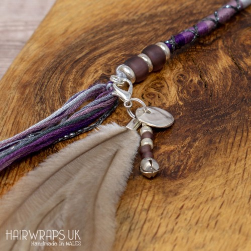 Silver Disc and Amethyst Bead Dangle Feather Charm.