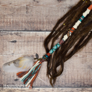 Charmed chunky dread wrap, Cream and turquoise hair wrap, Accent loc with seaglass beads, charms and ethical barn owl feathers - Gwdi Hw