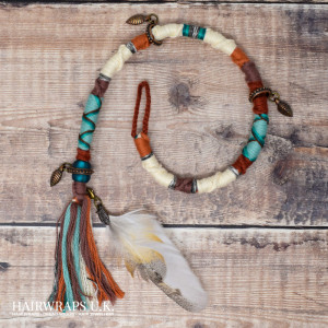 Charmed chunky dread wrap, Cream and turquoise hair wrap, Accent loc with seaglass beads, charms and ethical barn owl feathers - Gwdi Hw
