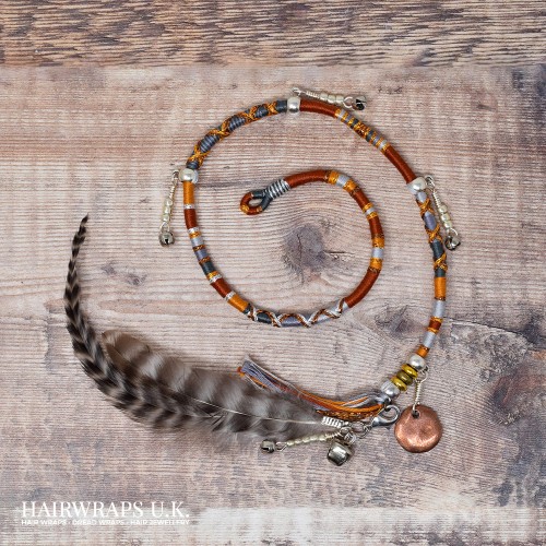 Removable Brown, Grey, and Orange Hair Wrap with Feathered Charm - Arian