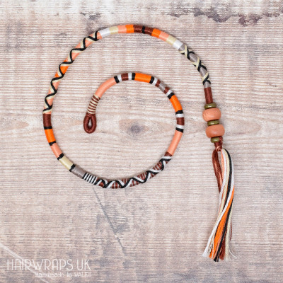 Removable Brown, Black, Orange, and Cream Hair Wrap with Wooden Beads - Autumn Blaze.