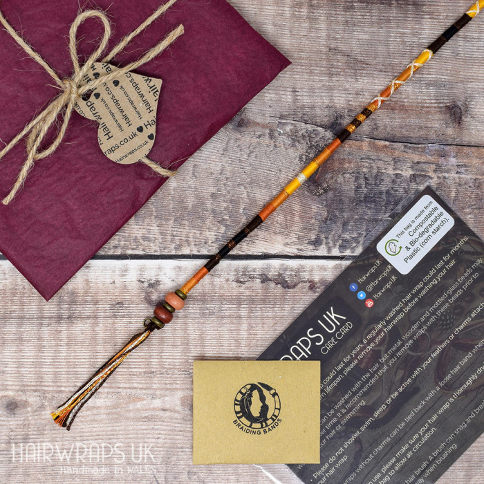 Removable Brown, Yellow, and Gold Hair Wrap with Wooden beads - Bumble Bee.