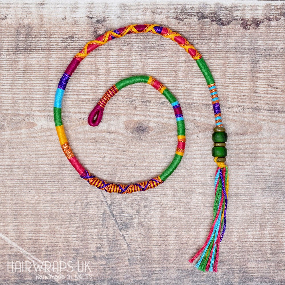 Removable Green, Pink, and Purple Hair Wrap with Glass Beads - Carnival Queen.