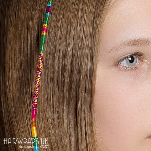 Removable Green, Pink, and Purple Hair Wrap with Glass Beads - Carnival Queen.