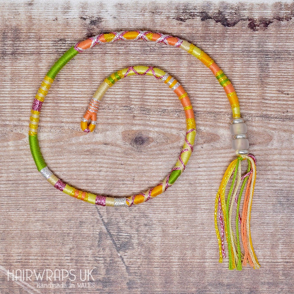Removable Green, Yellow, and Peach Hair Wrap with Glass Beads - Daisy Daisy.