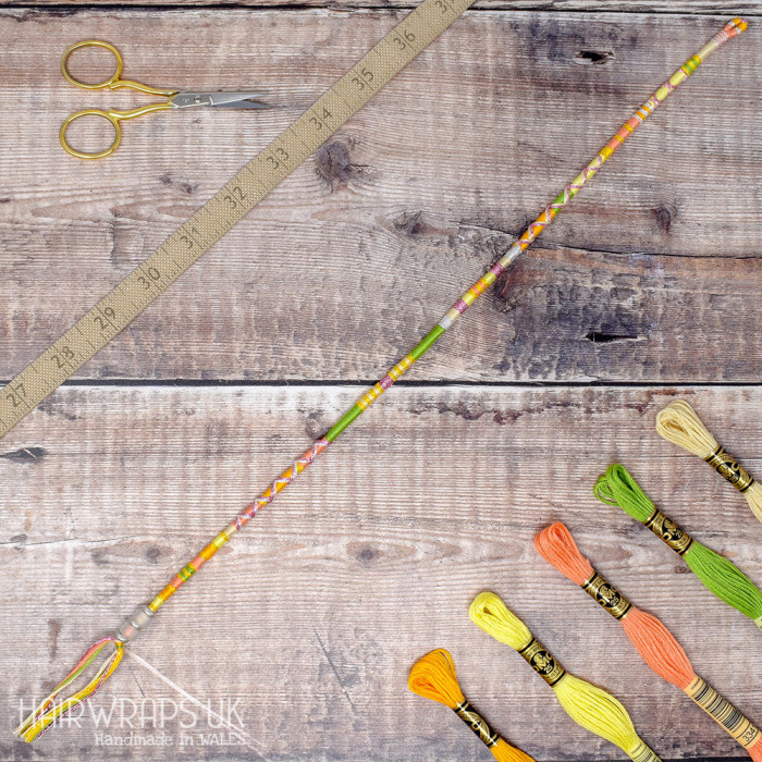 Removable Green, Yellow, and Peach Hair Wrap with Glass Beads - Daisy Daisy.