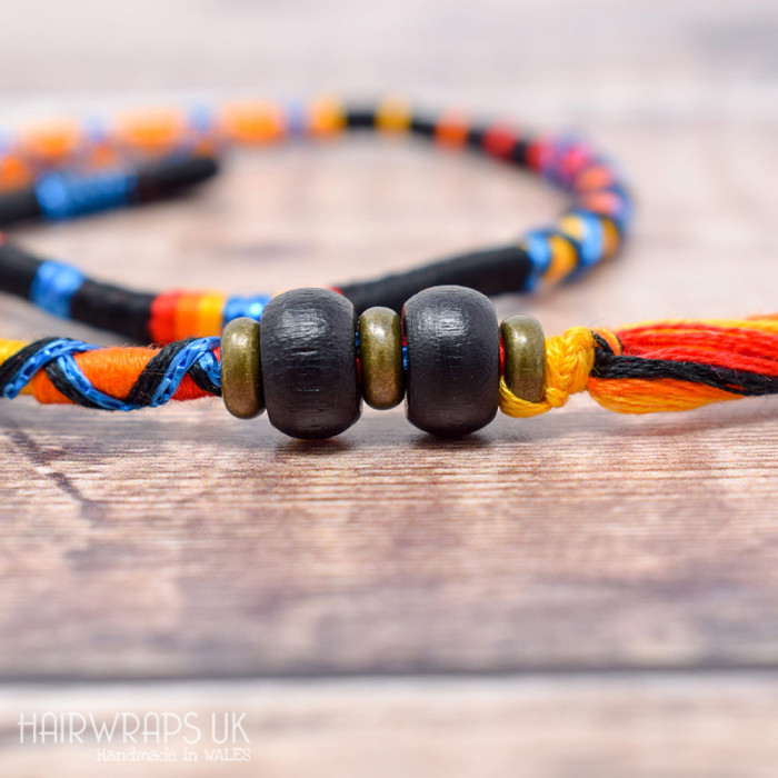 Removable Black, Yellow, and Orange Hair Wrap with Wooden Beads - Dark Lady.