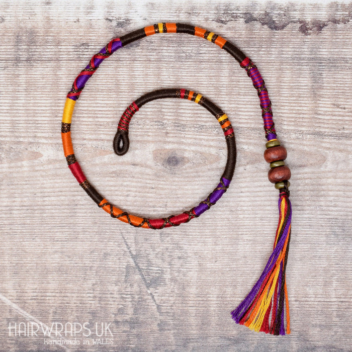 Removable Red, Brown and Purple Hair Wrap with Wooden Beads - Drummer Girl.