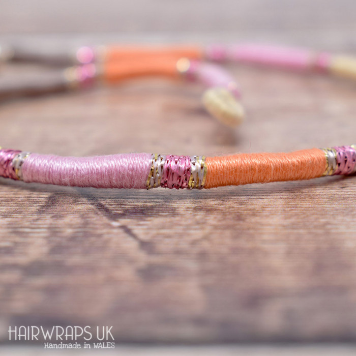 Removable Pink, Peach, and Grey Hair Wrap with Wooden Beads - Elfin Chick.