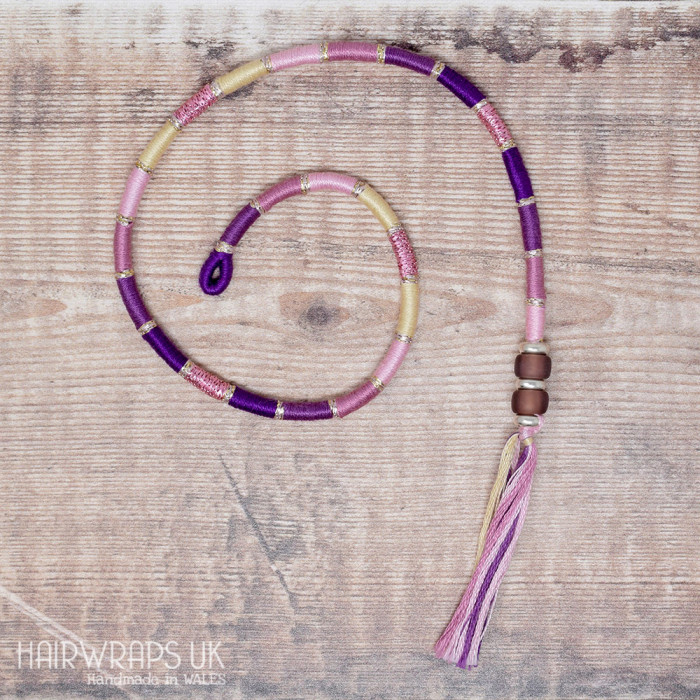 Removable Purple, Pink and Cream Hair Wrap with Glass Beads - Elfin Plum.