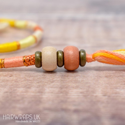 Removable Yellow, Peach and Cream Hair Wrap with Wooden Beads – Elfin Primrose.
