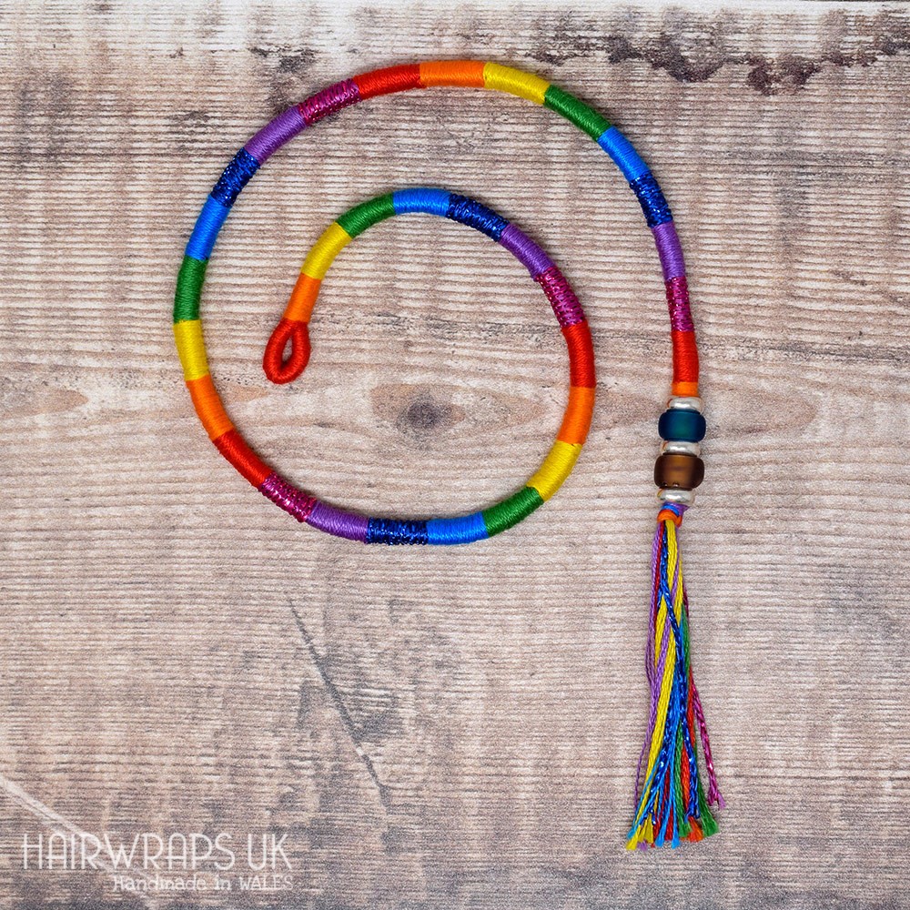 Removable Bright Rainbow Hair Wrap with Glass Beads - Elfin Rainbow.