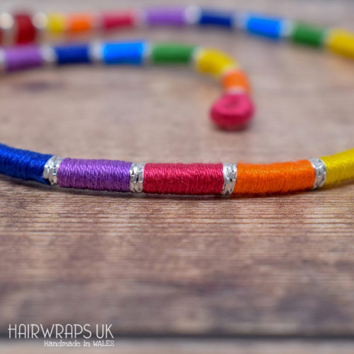Removable Silver and Bright Rainbow Hair Wrap with Glass Beads - Elfin Silver Rainbow.