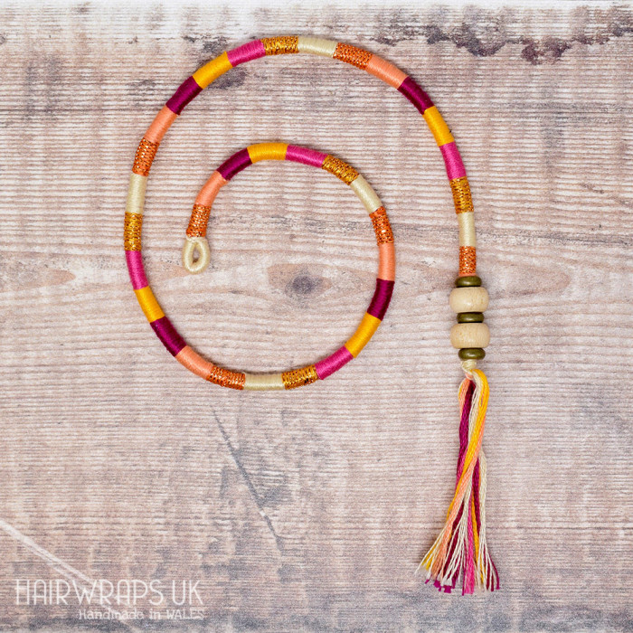 Removable Pink, Yellow and Peach Hair Wrap with Wooden Beads - Elfin Smoothie.
