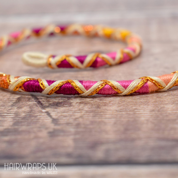 Removable Pink and Yellow Hair Wrap with Wooden Beads - Fairy Flame.