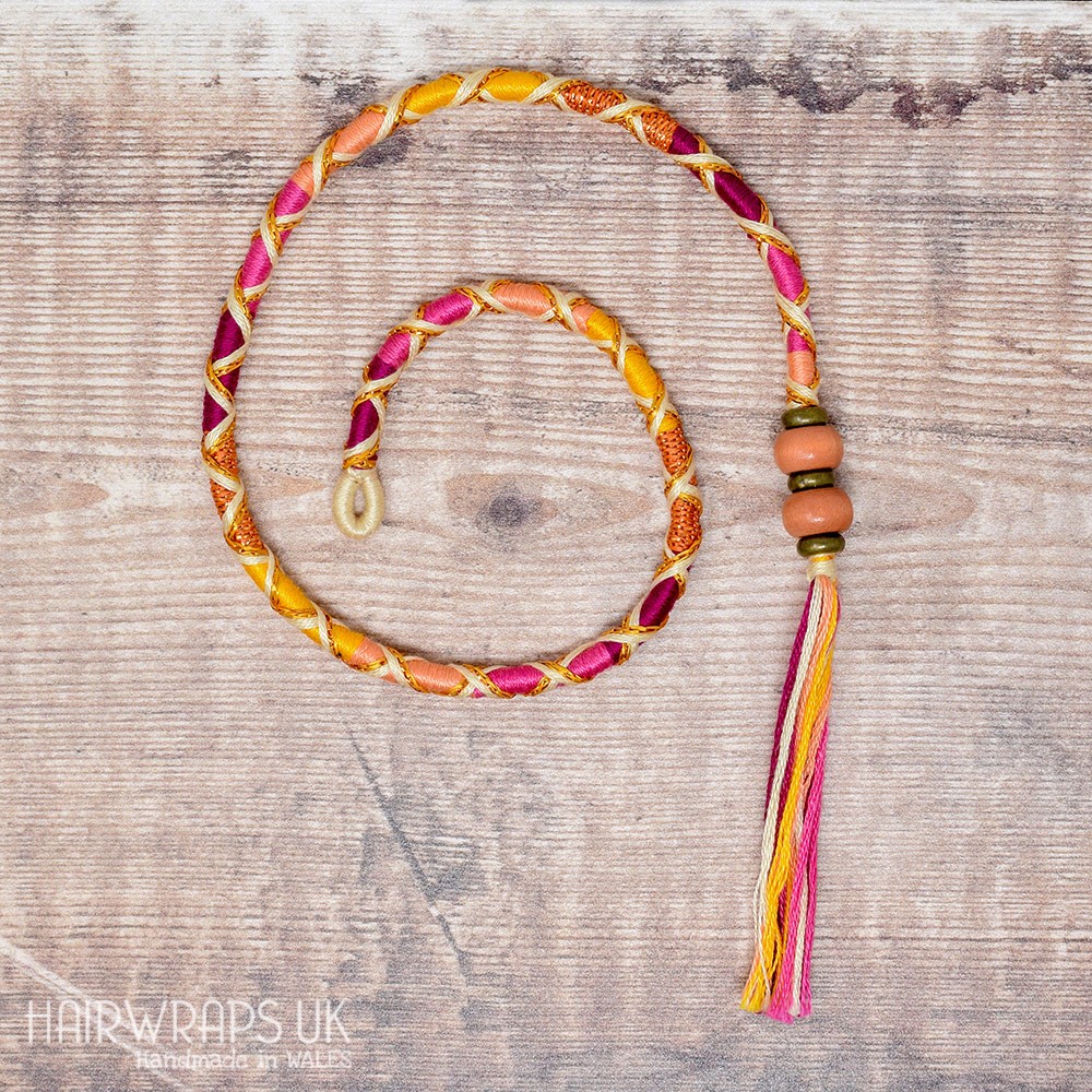 Removable Pink and Yellow Hair Wrap with Wooden Beads - Fairy Flame.