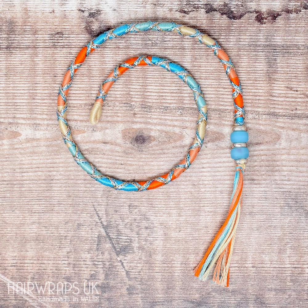 Removable Blue and Orange Hair Wrap with Glass Beads - Fairy Sunset.