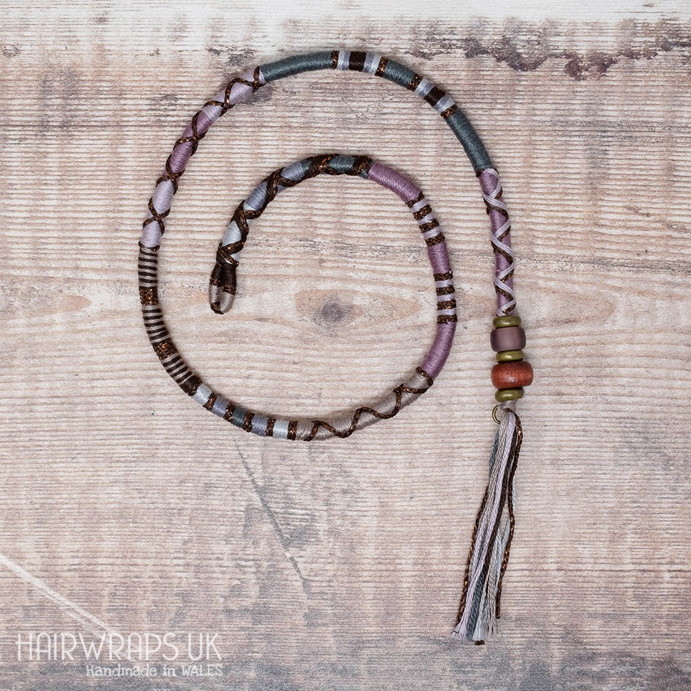Removable Grey, Brown, and Beige Hair Wrap with Wooden and Glass Beads – Feather.