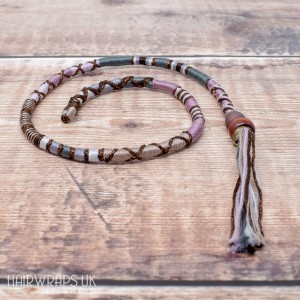 Removable Grey, Brown, and Beige Hair Wrap with Wooden and Glass Beads – Feather.