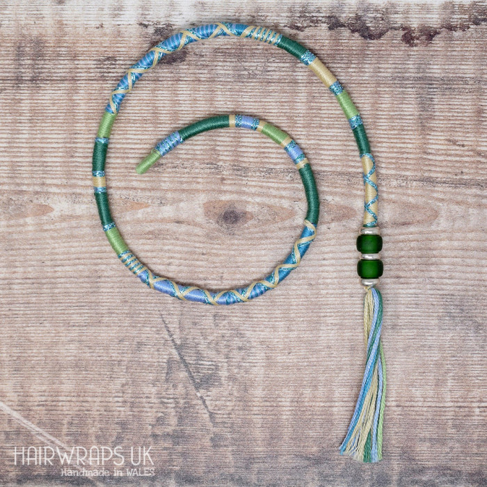 Removable Blue and Green Hair Wrap with Glass Beads - First Frost.