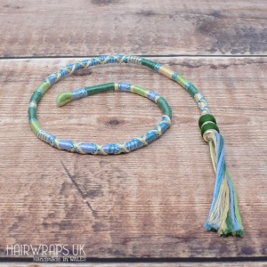 Removable Blue and Green Hair Wrap with Glass Beads - First Frost.