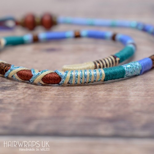Removable Blue and Brown Hair Wrap with Wooden Beads - Forest Sky.