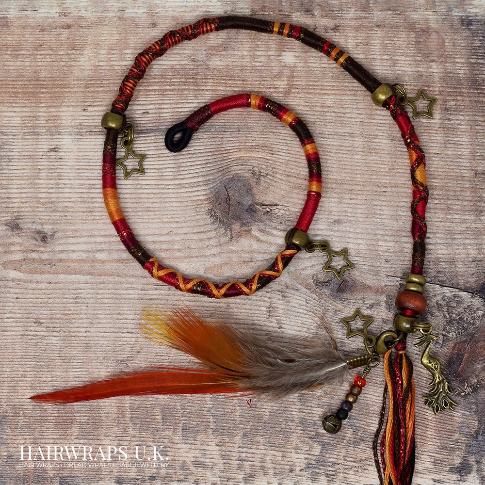 Removable Red, Brown and Orange Hair Wrap with Wooden Beads and Bronze Charms - Free Spirit.