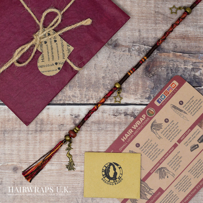Removable Red, Brown and Orange Hair Wrap with Wooden Beads and Bronze Charms - Free Spirit.