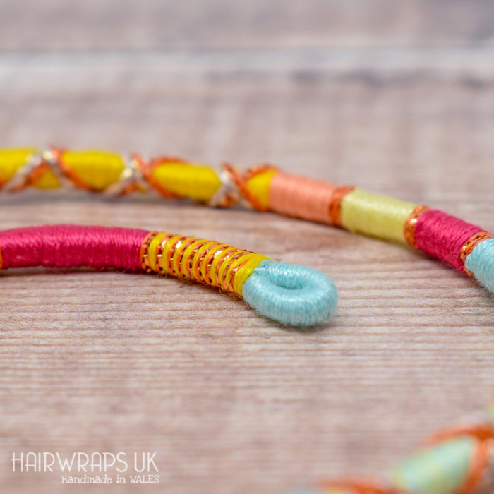 Removable Pink, Yellow, and Blue Hair Wrap with Wooden Beads - Fruit Salad.
