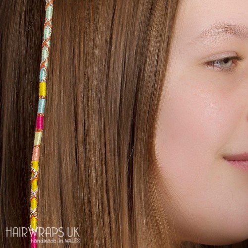Removable Pink, Yellow, and Blue Hair Wrap with Wooden Beads - Fruit Salad.