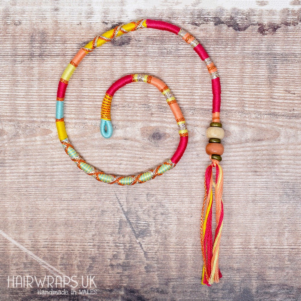 Removable Pink, Yellow, and Blue Hair Wrap with Wooden Beads - Fruit Salad.