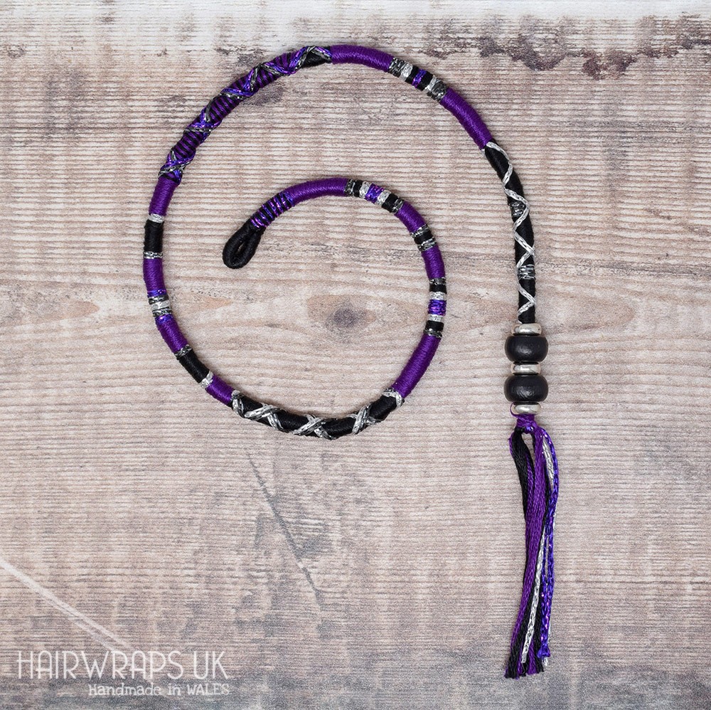 Removable Black and Purple Hair Wrap with Wooden Beads - Golly Goth.