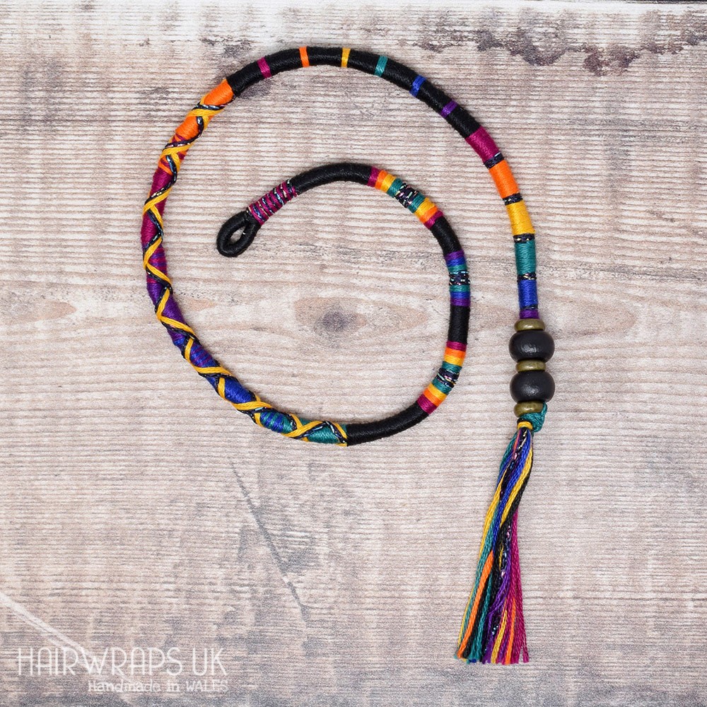 Removable Black and Dark Rainbow Hair Wrap with Wooden Beads - Gothic Rainbow.