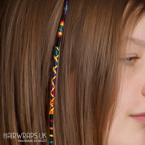 Removable Black and Dark Rainbow Hair Wrap with Wooden Beads - Gothic Rainbow.