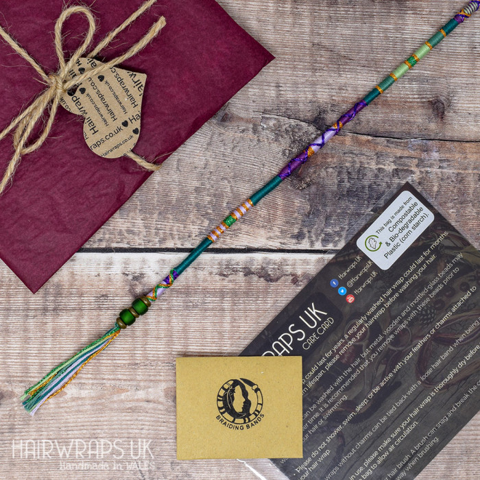 Removable Green and Purple Hair Wrap with Glass Beads - Heather Glade.