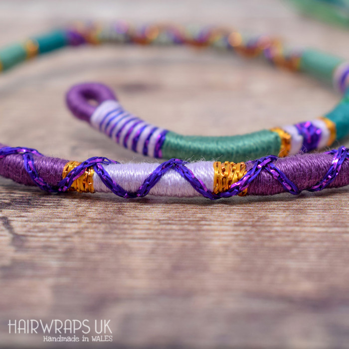 Removable Green and Purple Hair Wrap with Glass Beads - Heather Glade.