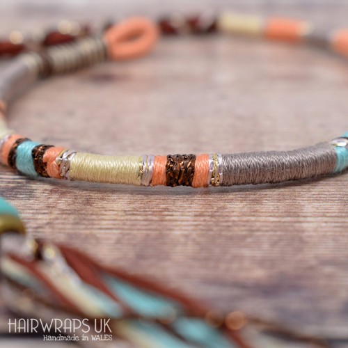 Removable Pale Green, Brown, and Peach Hair Wrap with Glass Beads - Hush Hush.