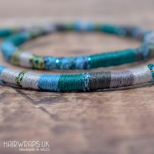 Removable Blue, Green, and Grey Hair Wrap with Glass beads – Mermaid.