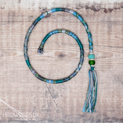 Removable Blue, Green, and Grey Hair Wrap with Glass beads – Mermaid.