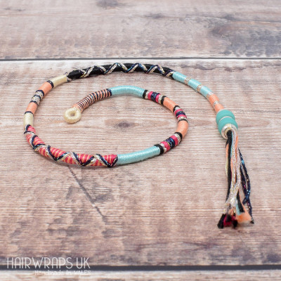 Removable Black, Turquoise, and Peach Hair Wrap with Glass Beads - Midnight Party.