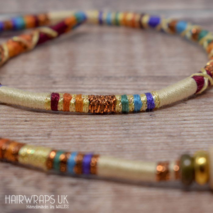 Removable Cream and Rainbow Hair Wrap with Glass Beads - Misty Rainbow.