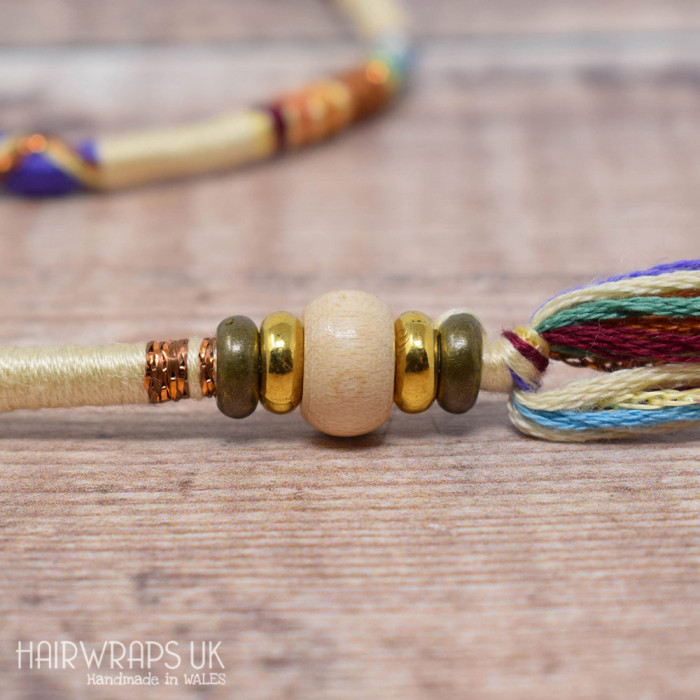 Removable Cream and Rainbow Hair Wrap with Glass Beads - Misty Rainbow.