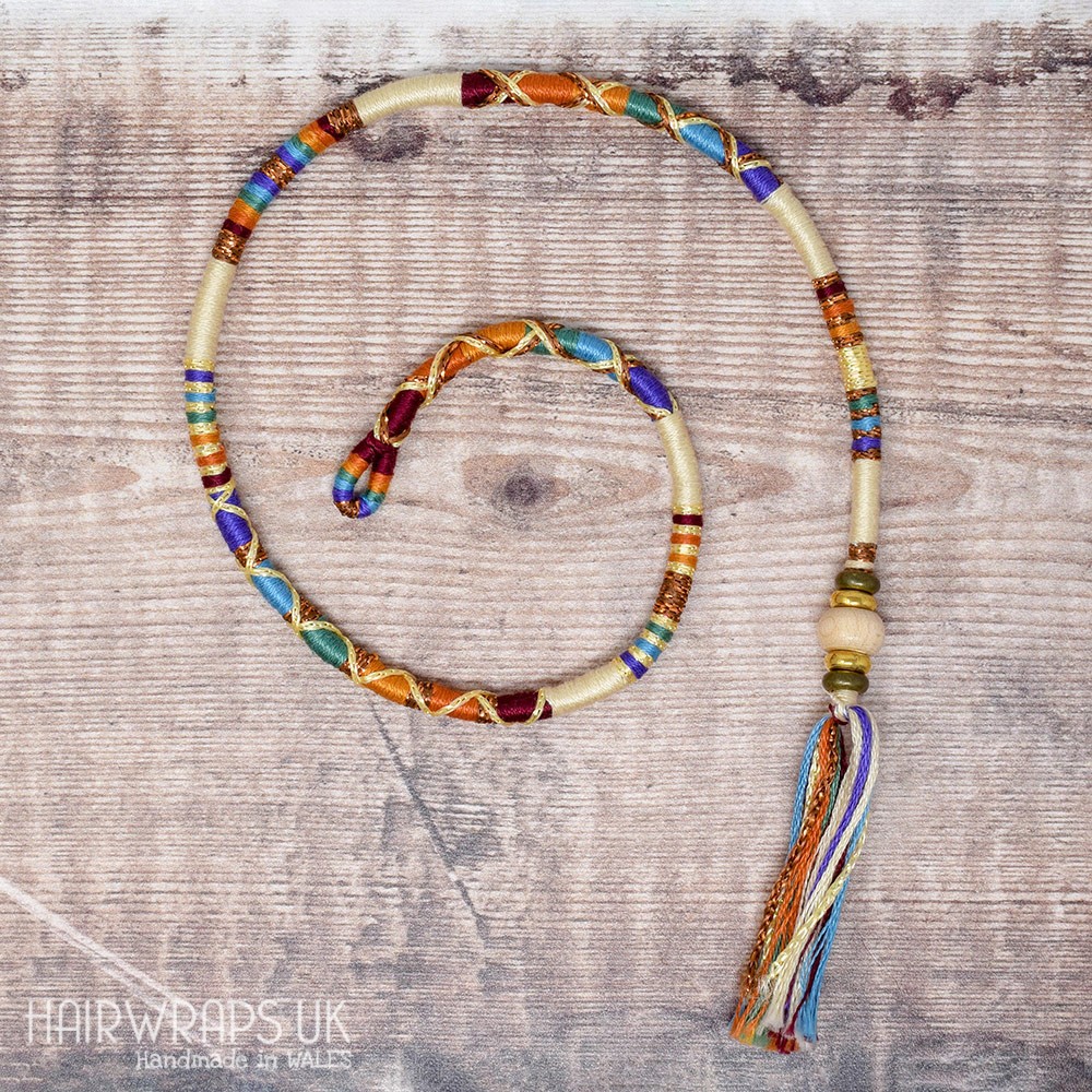 Removable Cream and Rainbow Hair Wrap with Glass Beads - Misty Rainbow.