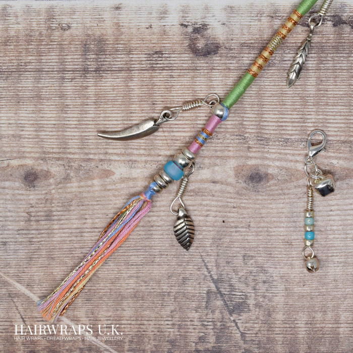 Removable Pastel Green, Blue, and Pink Boho-Style Hair Wrap with Leaf and Bell Charms - Pastel Forest