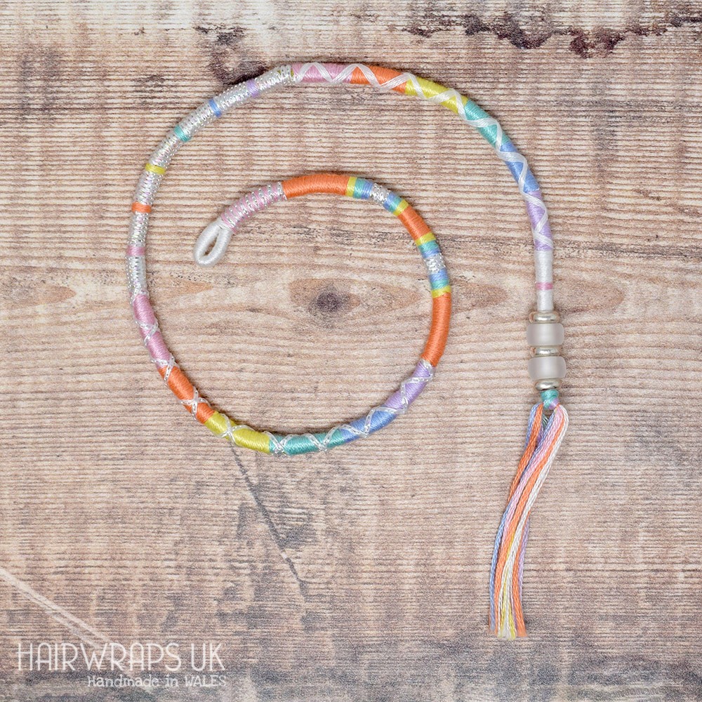 Removable Pastel Rainbow Hair Wrap with Glass Beads - Pastel Rainbow.