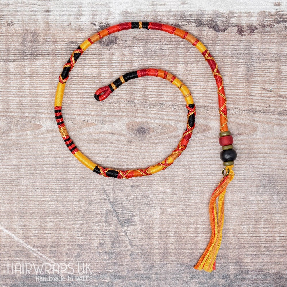 Removable Black, Orange, Red, and Gold Hair Wrap with Wooden and Glass Beads – Phoenix.