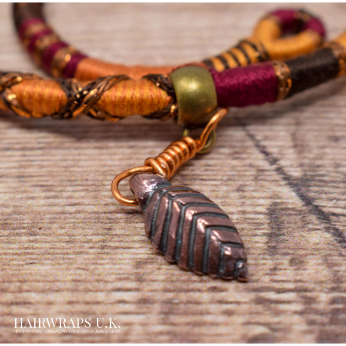 Removable Deep Red, Orange, and Brown Hair Wrap with Wooden Beads and Bronze Charms - Rusty Sparrow.