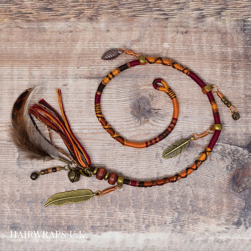 Removable Deep Red, Orange, and Brown Hair Wrap with Wooden Beads and Bronze Charms - Rusty Sparrow.